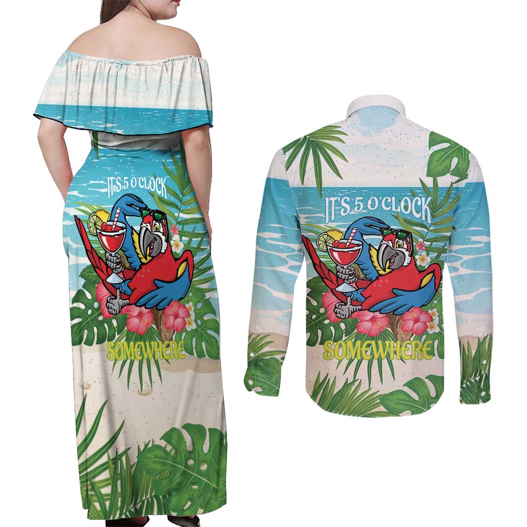 Guyana Christmas Couples Matching Off Shoulder Maxi Dress and Long Sleeve Button Shirt Chilling Macaw It's 5 o'clock Somewhere - Wonder Print Shop