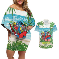 Guyana Christmas Couples Matching Off Shoulder Short Dress and Hawaiian Shirt Chilling Macaw It's 5 o'clock Somewhere - Wonder Print Shop
