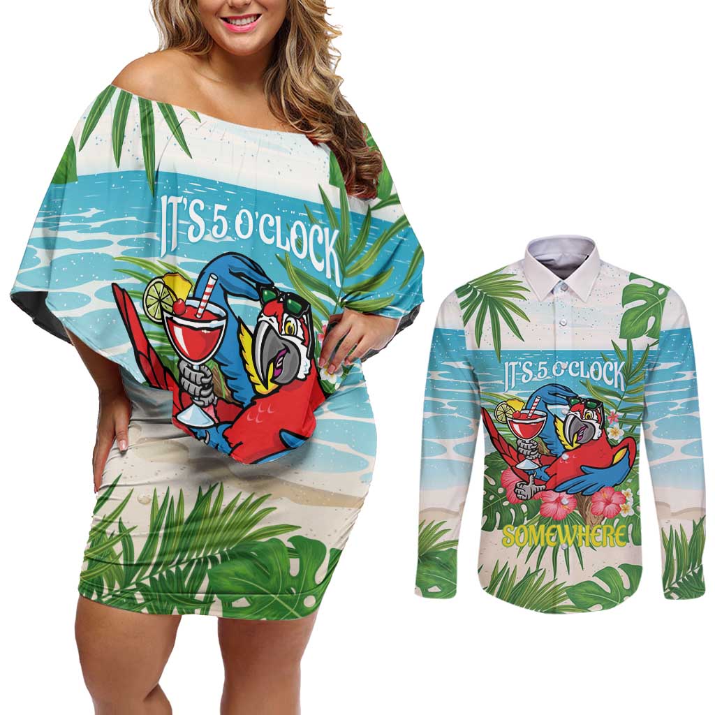 Guyana Christmas Couples Matching Off Shoulder Short Dress and Long Sleeve Button Shirt Chilling Macaw It's 5 o'clock Somewhere - Wonder Print Shop