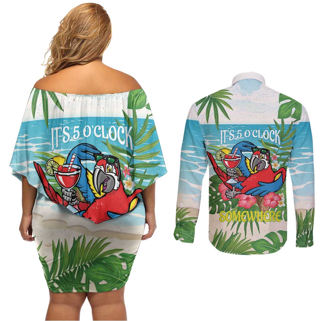 Guyana Christmas Couples Matching Off Shoulder Short Dress and Long Sleeve Button Shirt Chilling Macaw It's 5 o'clock Somewhere - Wonder Print Shop