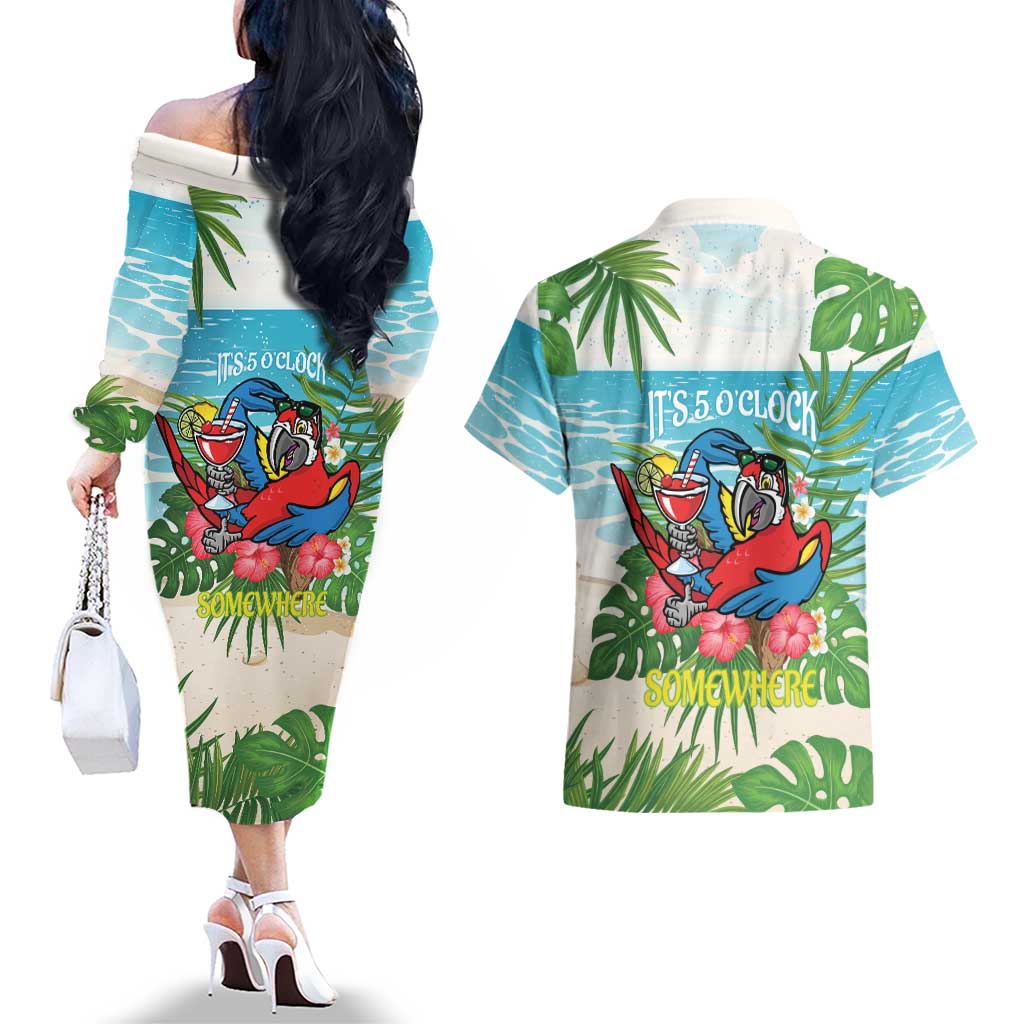 Guyana Christmas Couples Matching Off The Shoulder Long Sleeve Dress and Hawaiian Shirt Chilling Macaw It's 5 o'clock Somewhere - Wonder Print Shop