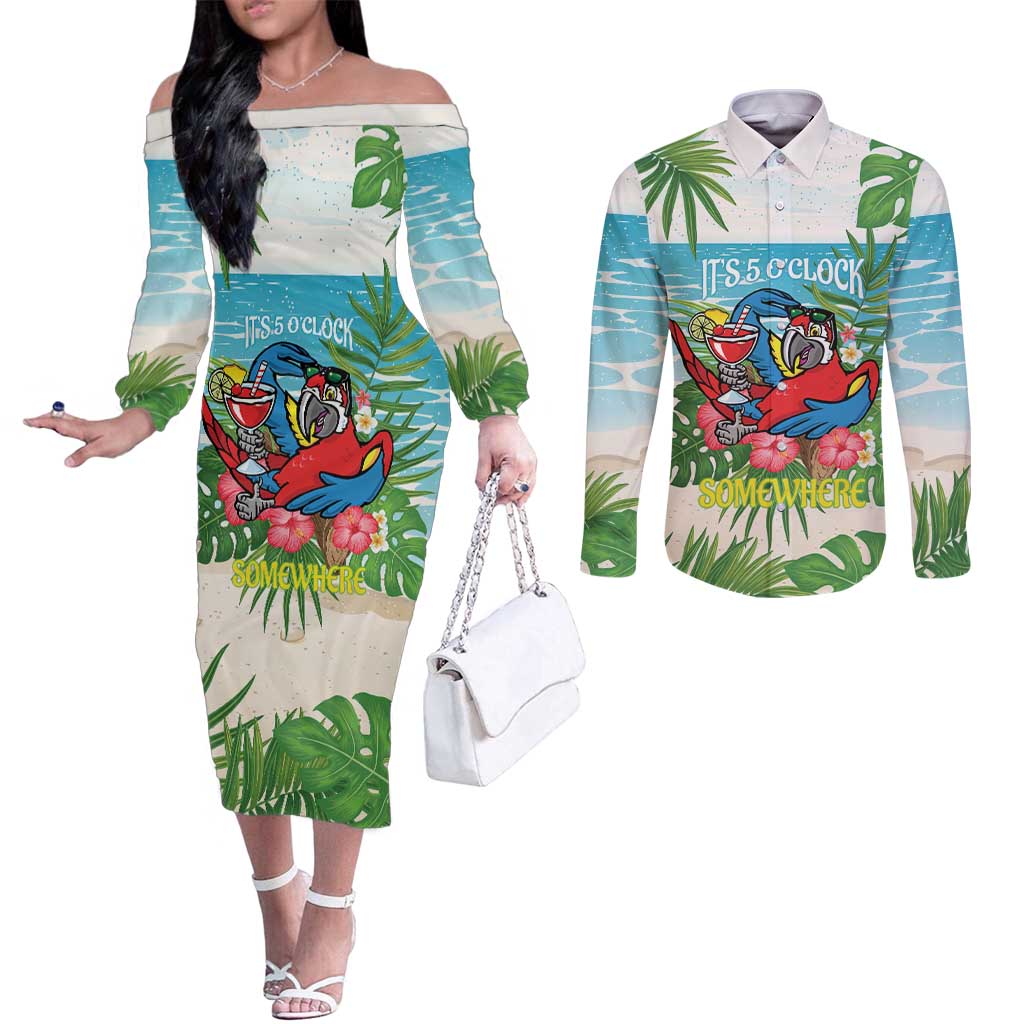 Guyana Christmas Couples Matching Off The Shoulder Long Sleeve Dress and Long Sleeve Button Shirt Chilling Macaw It's 5 o'clock Somewhere - Wonder Print Shop