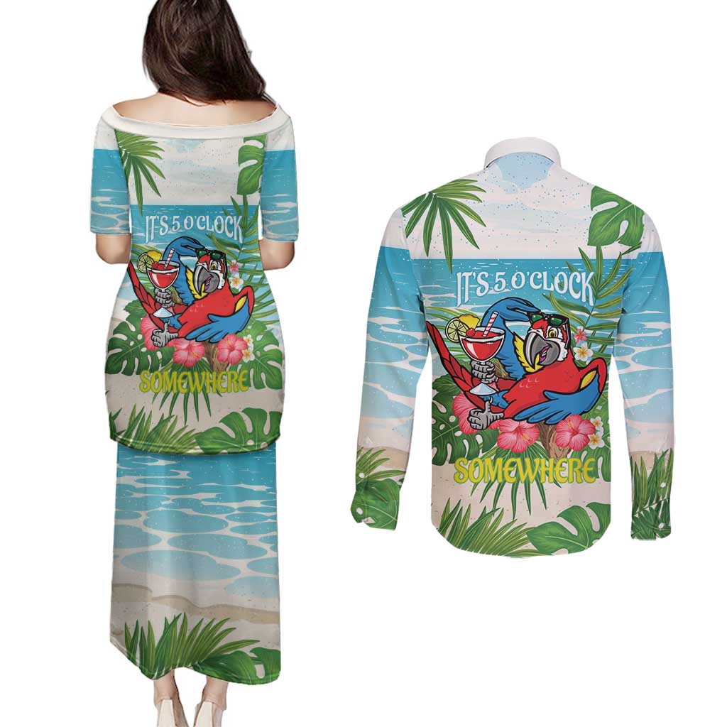 Guyana Christmas Couples Matching Puletasi and Long Sleeve Button Shirt Chilling Macaw It's 5 o'clock Somewhere - Wonder Print Shop