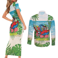 Guyana Christmas Couples Matching Short Sleeve Bodycon Dress and Long Sleeve Button Shirt Chilling Macaw It's 5 o'clock Somewhere - Wonder Print Shop