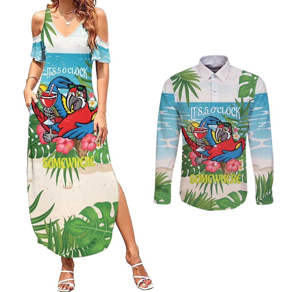 Guyana Christmas Couples Matching Summer Maxi Dress and Long Sleeve Button Shirt Chilling Macaw It's 5 o'clock Somewhere - Wonder Print Shop