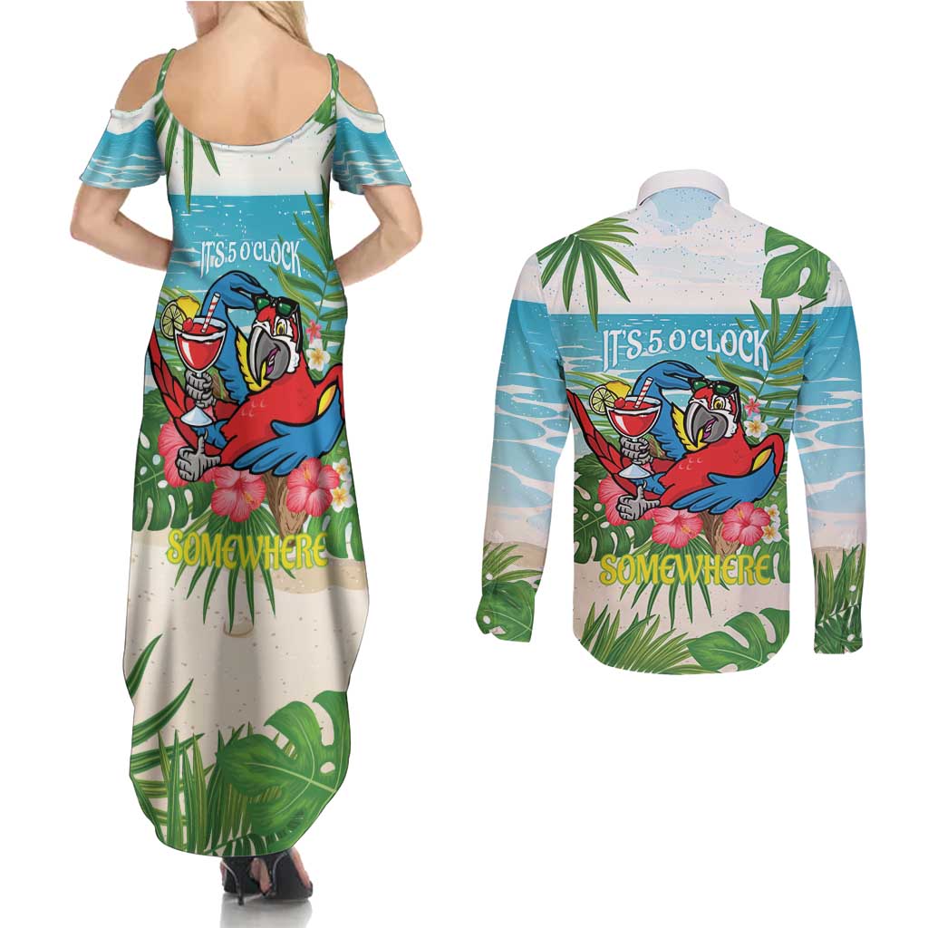 Guyana Christmas Couples Matching Summer Maxi Dress and Long Sleeve Button Shirt Chilling Macaw It's 5 o'clock Somewhere - Wonder Print Shop