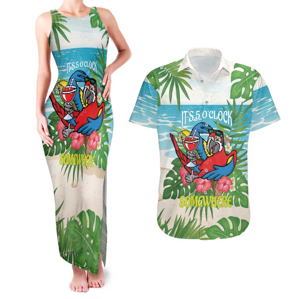 Guyana Christmas Couples Matching Tank Maxi Dress and Hawaiian Shirt Chilling Macaw It's 5 o'clock Somewhere - Wonder Print Shop