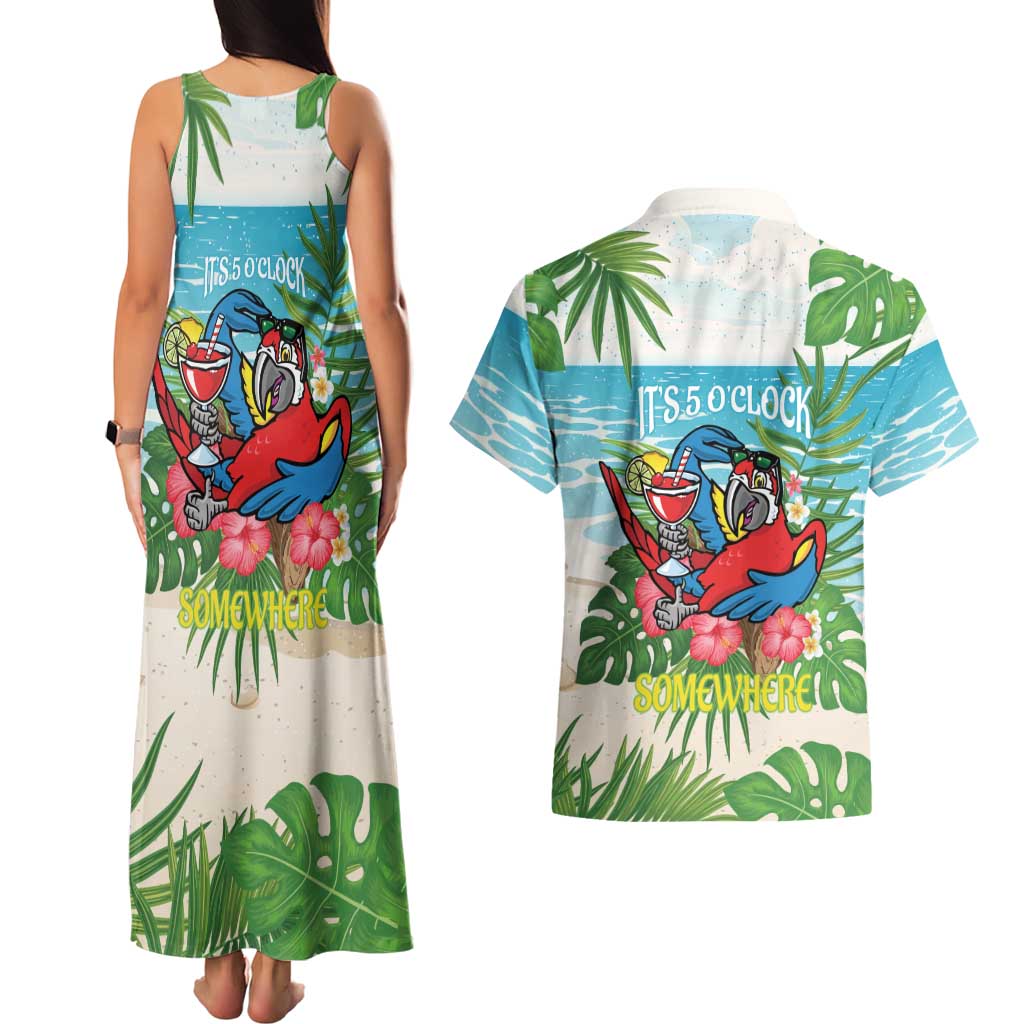 Guyana Christmas Couples Matching Tank Maxi Dress and Hawaiian Shirt Chilling Macaw It's 5 o'clock Somewhere - Wonder Print Shop