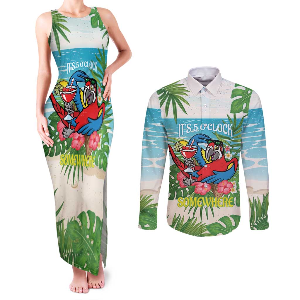 Guyana Christmas Couples Matching Tank Maxi Dress and Long Sleeve Button Shirt Chilling Macaw It's 5 o'clock Somewhere - Wonder Print Shop