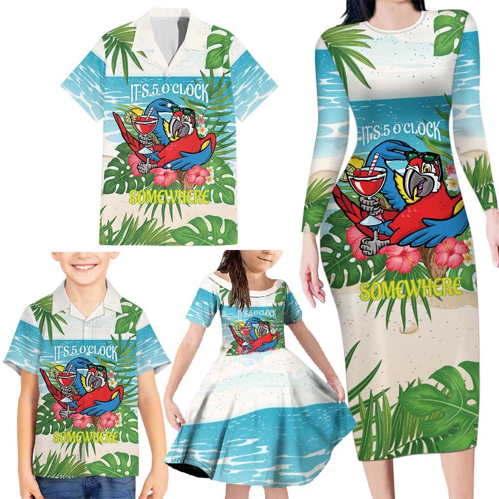 Guyana Christmas Family Matching Long Sleeve Bodycon Dress and Hawaiian Shirt Chilling Macaw It's 5 o'clock Somewhere - Wonder Print Shop