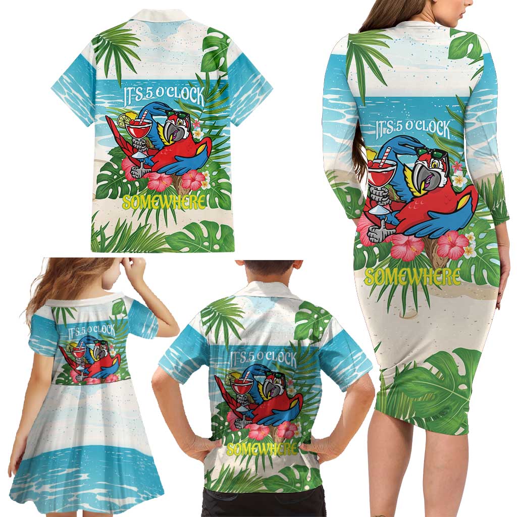 Guyana Christmas Family Matching Long Sleeve Bodycon Dress and Hawaiian Shirt Chilling Macaw It's 5 o'clock Somewhere - Wonder Print Shop