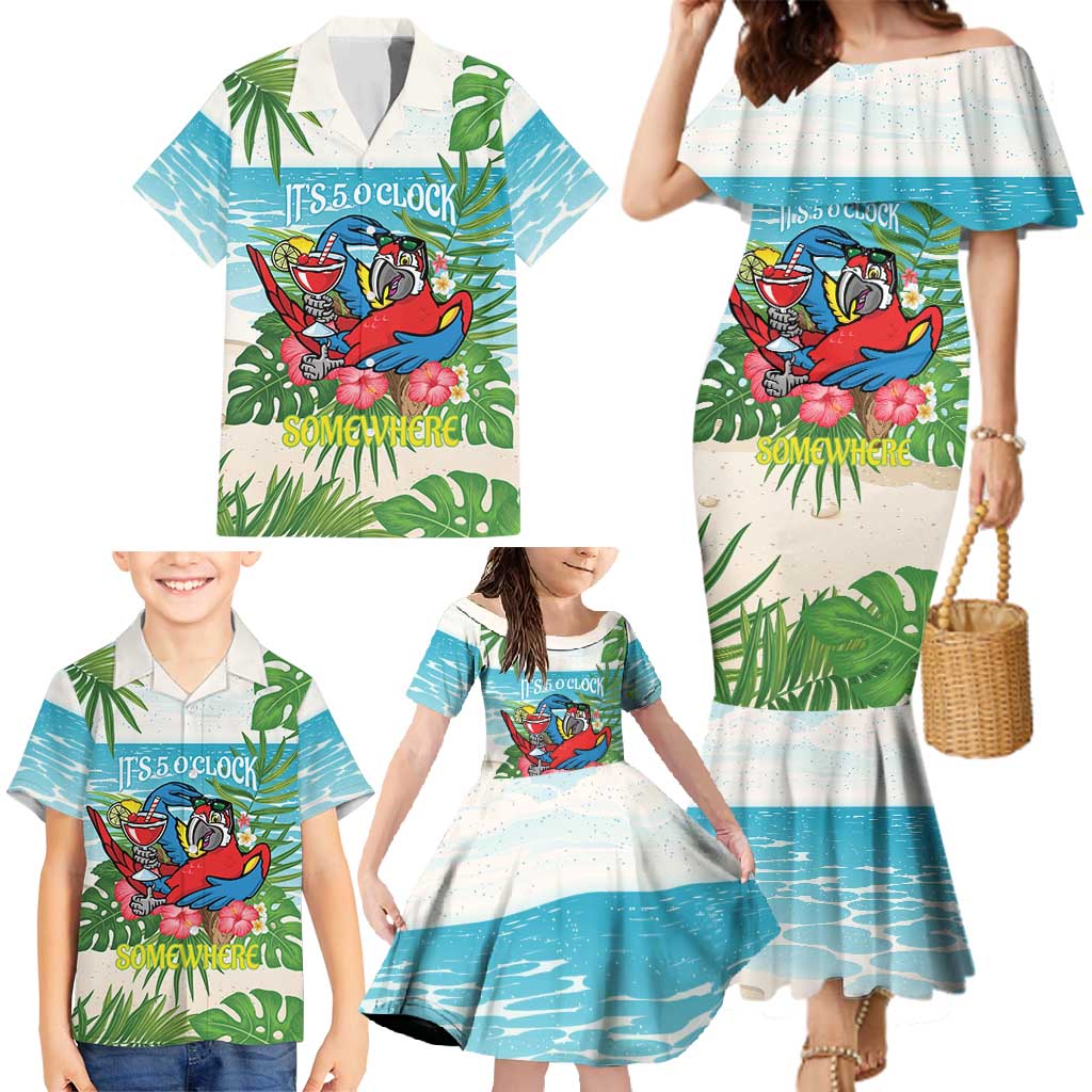 Guyana Christmas Family Matching Mermaid Dress and Hawaiian Shirt Chilling Macaw It's 5 o'clock Somewhere - Wonder Print Shop