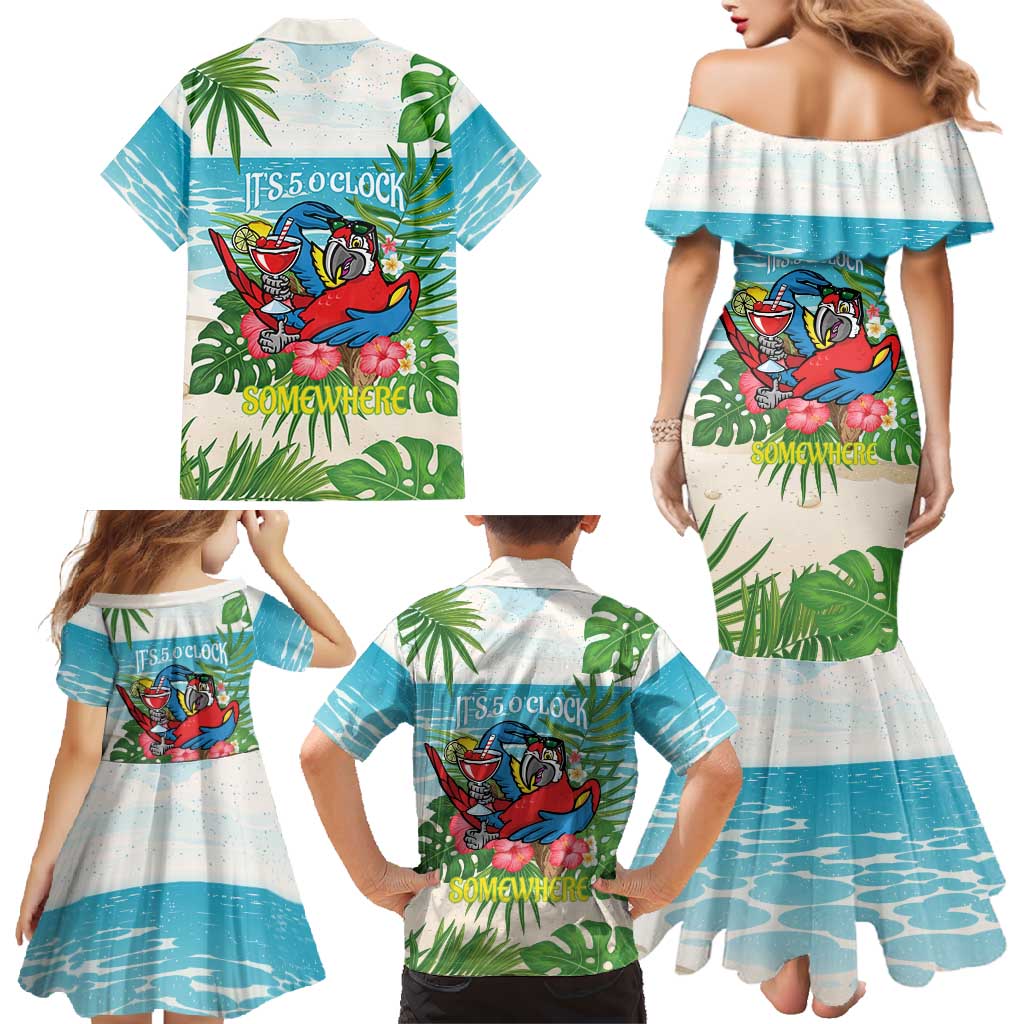 Guyana Christmas Family Matching Mermaid Dress and Hawaiian Shirt Chilling Macaw It's 5 o'clock Somewhere - Wonder Print Shop