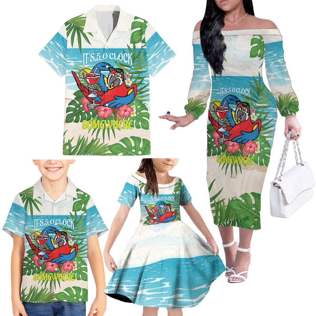 Guyana Christmas Family Matching Off The Shoulder Long Sleeve Dress and Hawaiian Shirt Chilling Macaw It's 5 o'clock Somewhere - Wonder Print Shop
