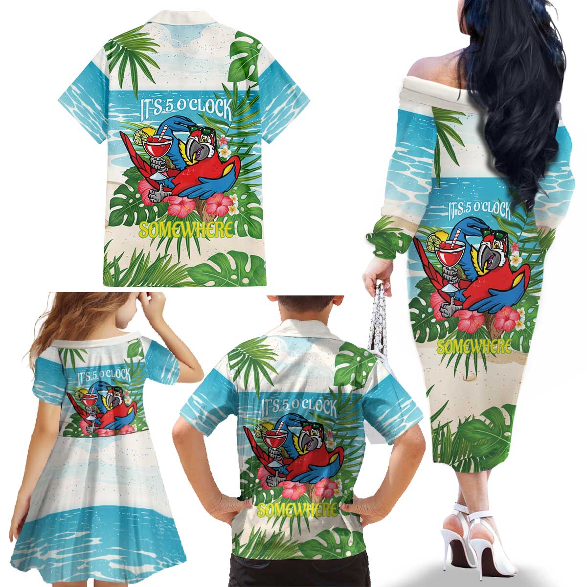 Guyana Christmas Family Matching Off The Shoulder Long Sleeve Dress and Hawaiian Shirt Chilling Macaw It's 5 o'clock Somewhere - Wonder Print Shop