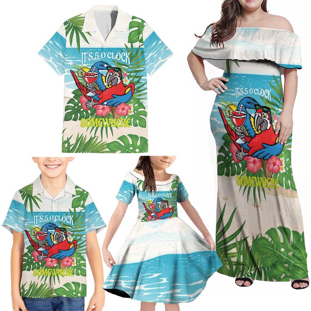 Guyana Christmas Family Matching Off Shoulder Maxi Dress and Hawaiian Shirt Chilling Macaw It's 5 o'clock Somewhere - Wonder Print Shop