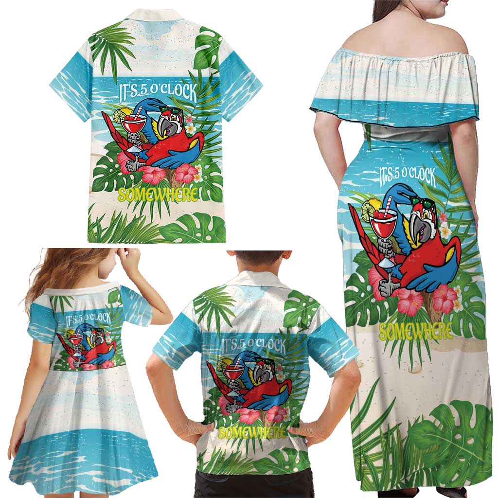 Guyana Christmas Family Matching Off Shoulder Maxi Dress and Hawaiian Shirt Chilling Macaw It's 5 o'clock Somewhere - Wonder Print Shop