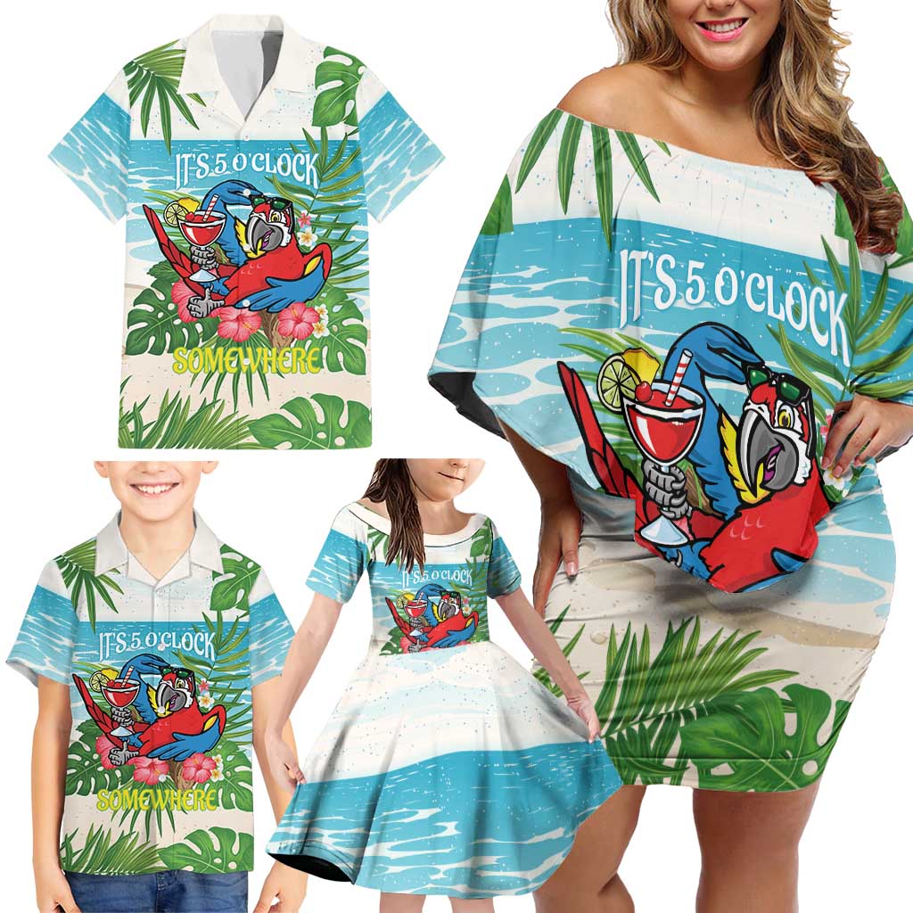 Guyana Christmas Family Matching Off Shoulder Short Dress and Hawaiian Shirt Chilling Macaw It's 5 o'clock Somewhere - Wonder Print Shop
