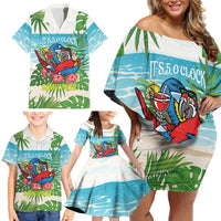 Guyana Christmas Family Matching Off Shoulder Short Dress and Hawaiian Shirt Chilling Macaw It's 5 o'clock Somewhere - Wonder Print Shop