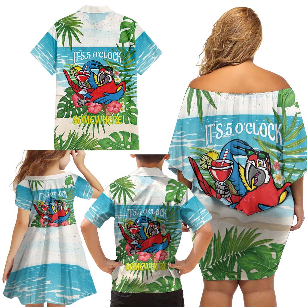 Guyana Christmas Family Matching Off Shoulder Short Dress and Hawaiian Shirt Chilling Macaw It's 5 o'clock Somewhere - Wonder Print Shop