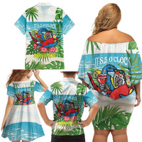 Guyana Christmas Family Matching Off Shoulder Short Dress and Hawaiian Shirt Chilling Macaw It's 5 o'clock Somewhere - Wonder Print Shop