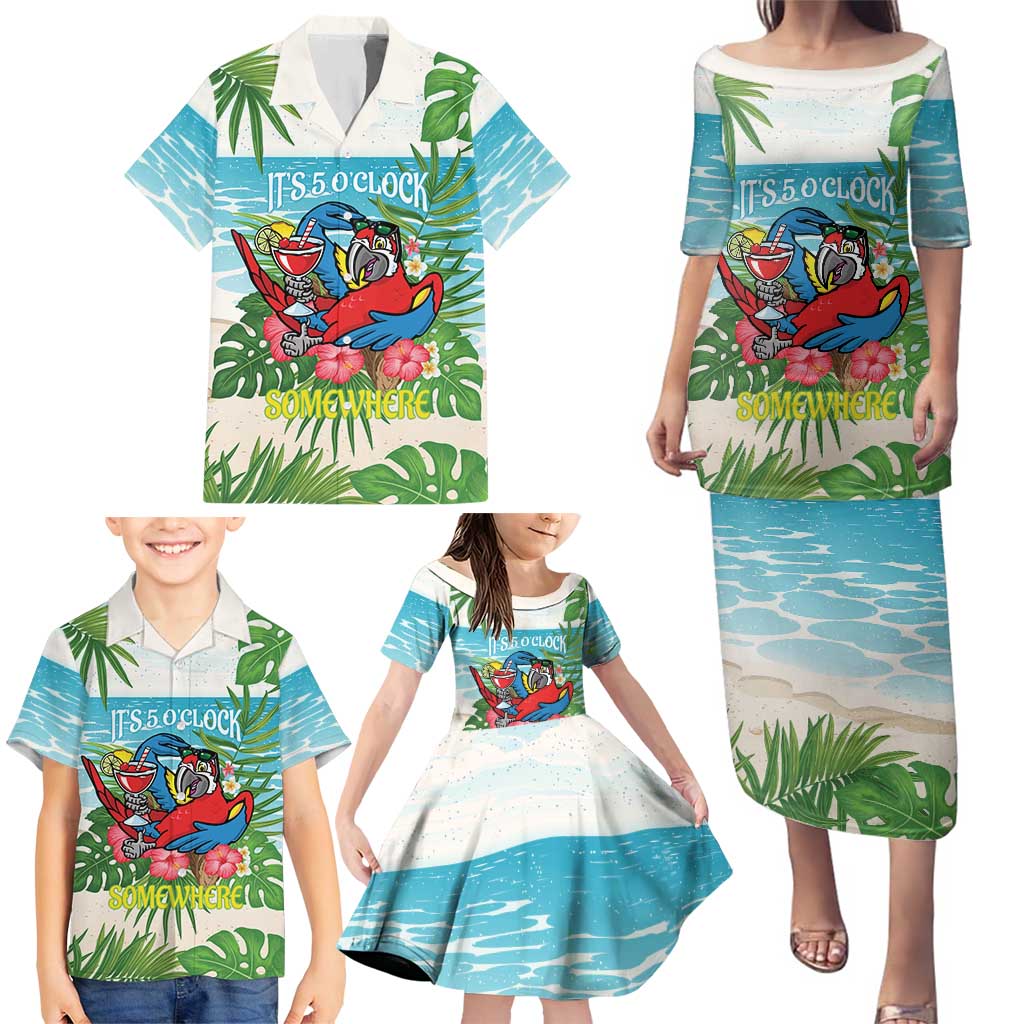 Guyana Christmas Family Matching Puletasi and Hawaiian Shirt Chilling Macaw It's 5 o'clock Somewhere - Wonder Print Shop