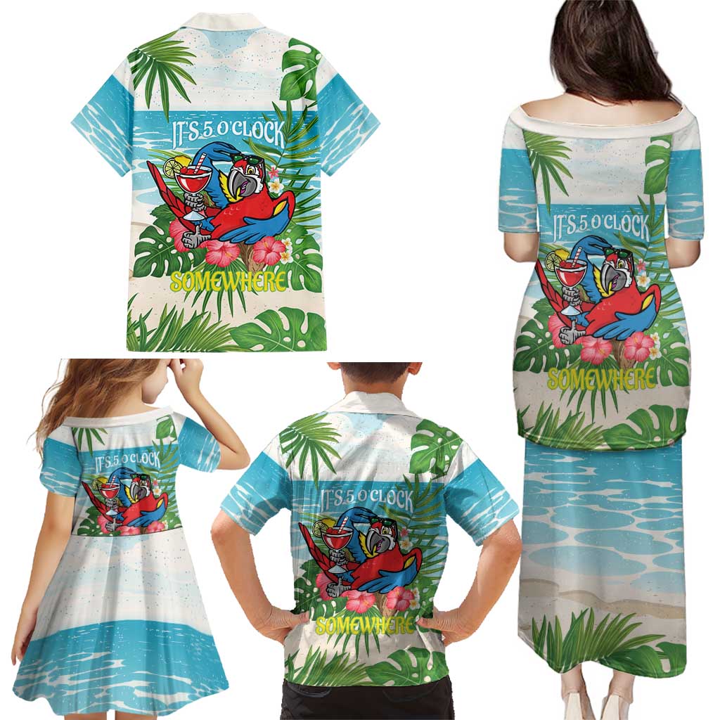 Guyana Christmas Family Matching Puletasi and Hawaiian Shirt Chilling Macaw It's 5 o'clock Somewhere - Wonder Print Shop