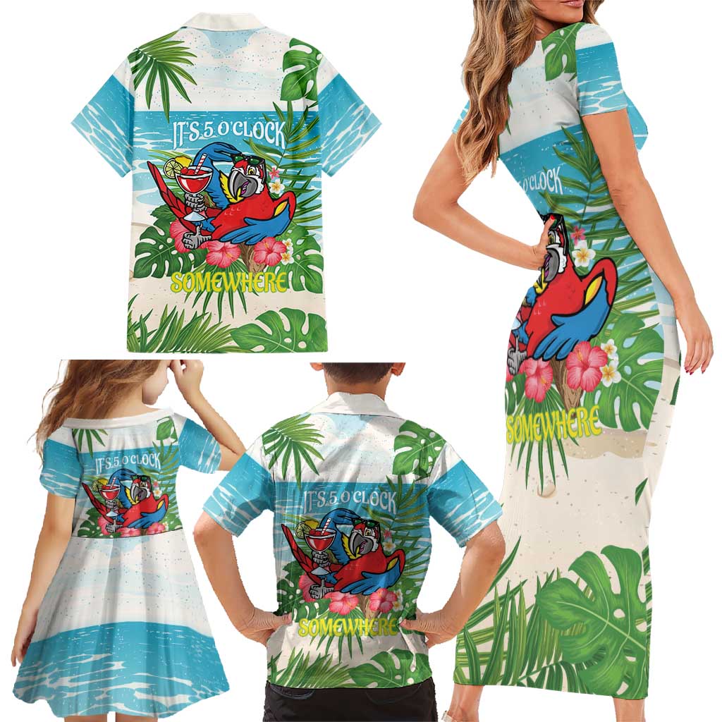 Guyana Christmas Family Matching Short Sleeve Bodycon Dress and Hawaiian Shirt Chilling Macaw It's 5 o'clock Somewhere - Wonder Print Shop