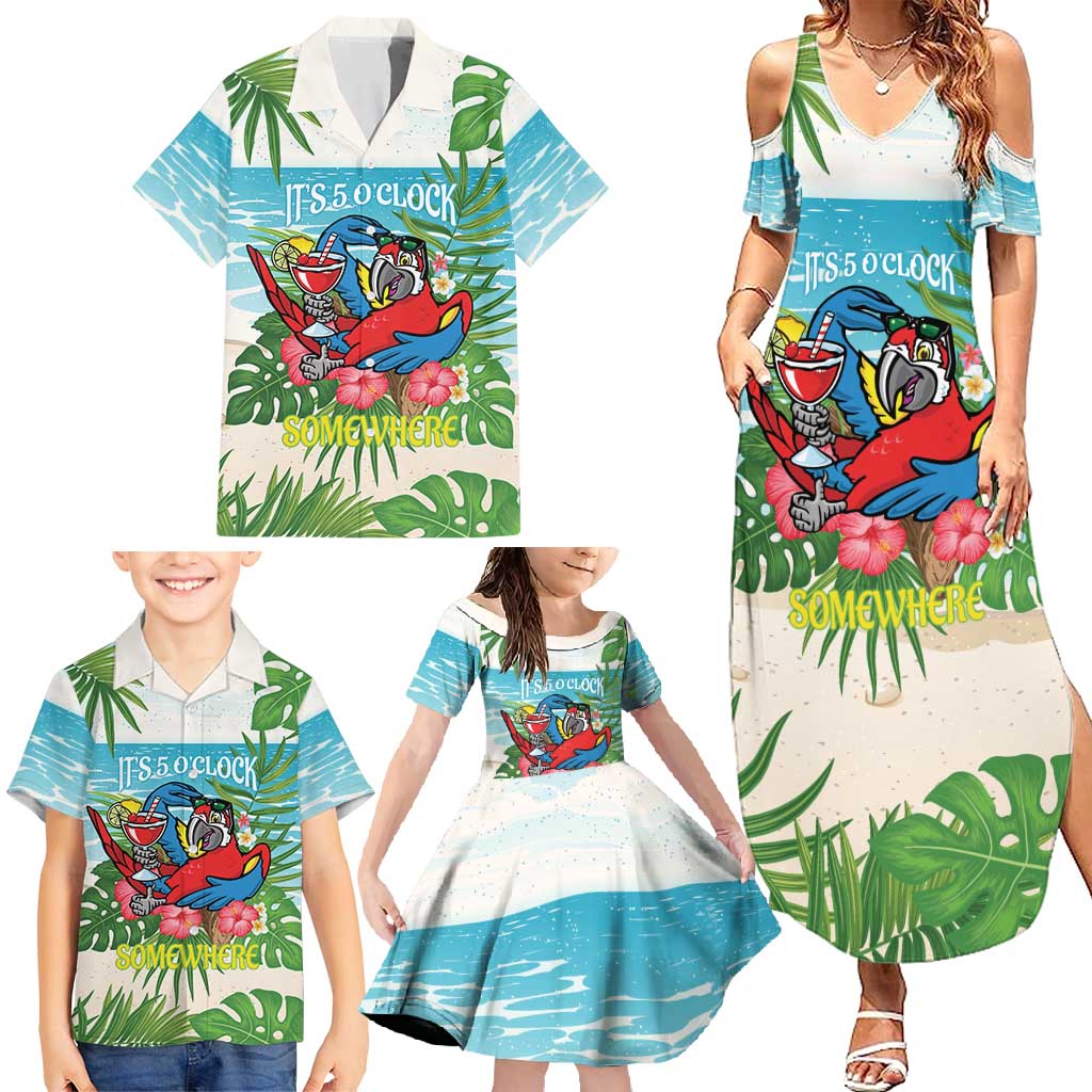 Guyana Christmas Family Matching Summer Maxi Dress and Hawaiian Shirt Chilling Macaw It's 5 o'clock Somewhere - Wonder Print Shop