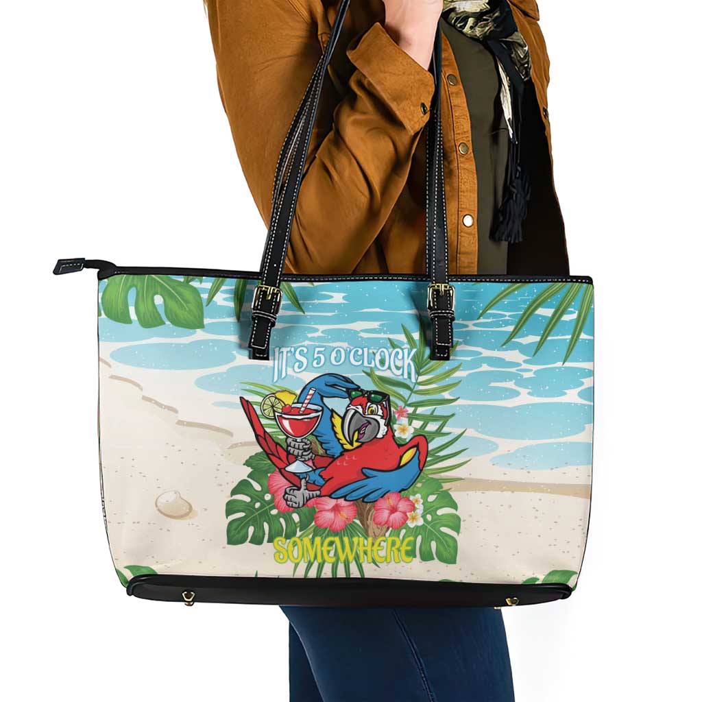 Guyana Christmas Leather Tote Bag Chilling Macaw It's 5 o'clock Somewhere - Wonder Print Shop