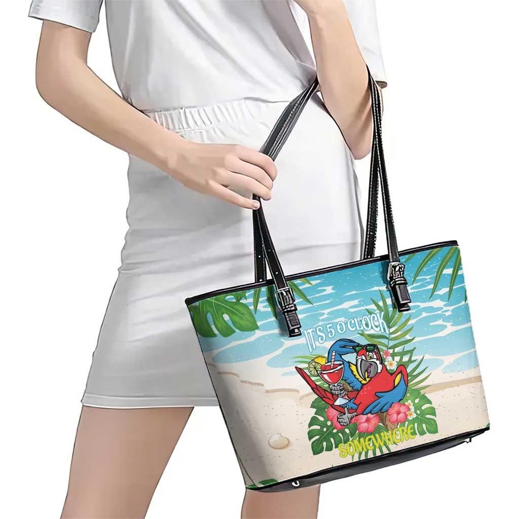 Guyana Christmas Leather Tote Bag Chilling Macaw It's 5 o'clock Somewhere - Wonder Print Shop