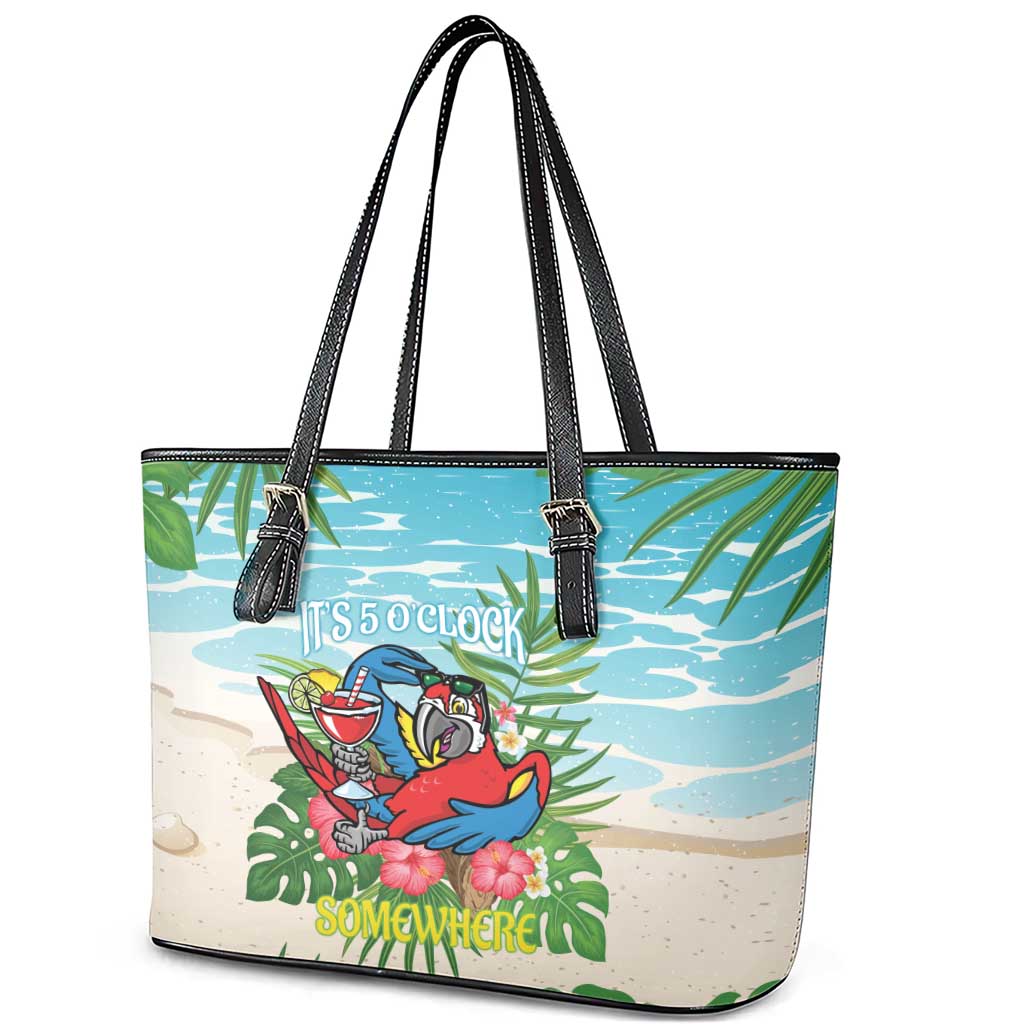 Guyana Christmas Leather Tote Bag Chilling Macaw It's 5 o'clock Somewhere - Wonder Print Shop