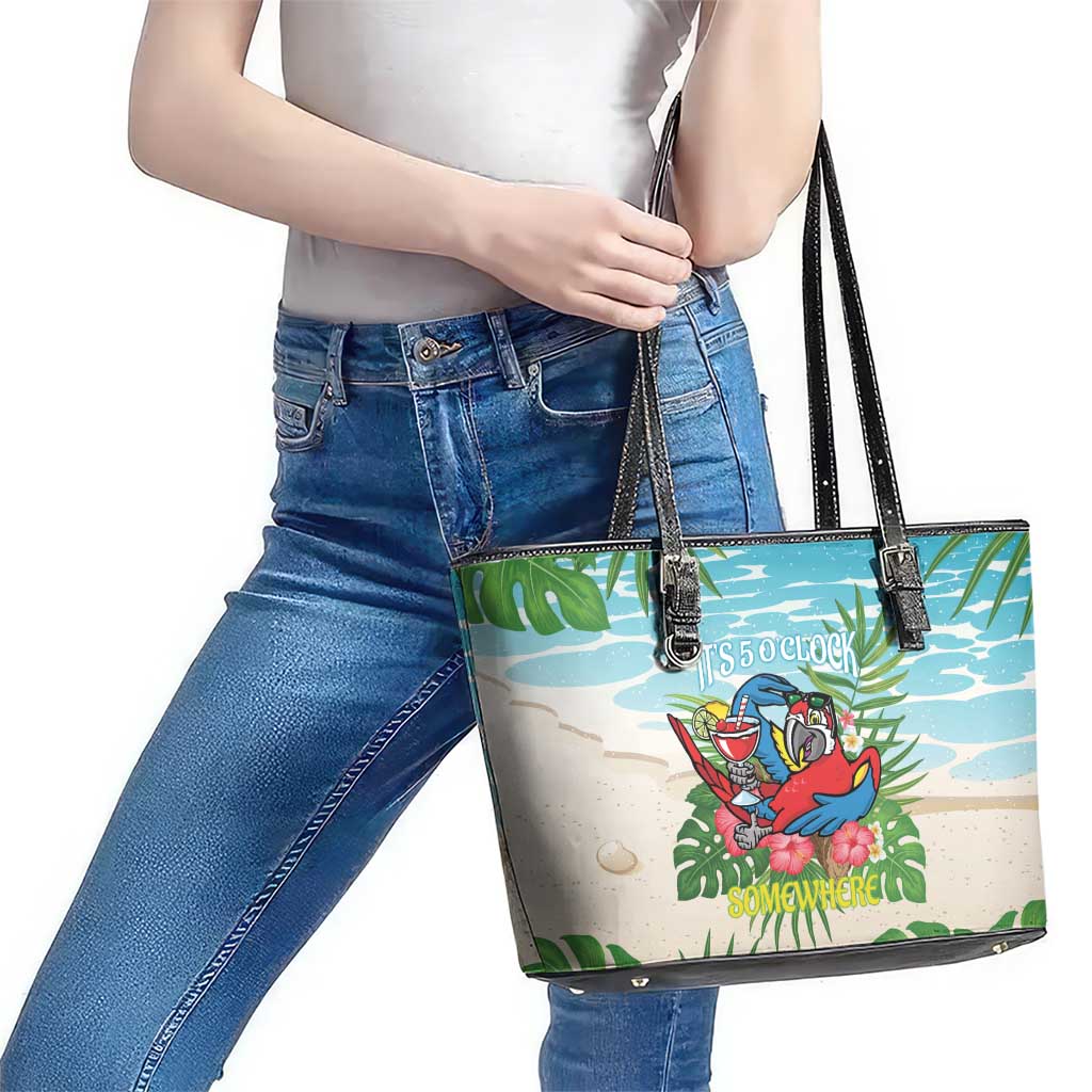 Guyana Christmas Leather Tote Bag Chilling Macaw It's 5 o'clock Somewhere - Wonder Print Shop