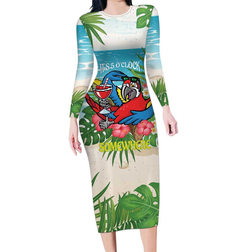 Guyana Christmas Long Sleeve Bodycon Dress Chilling Macaw It's 5 o'clock Somewhere - Wonder Print Shop