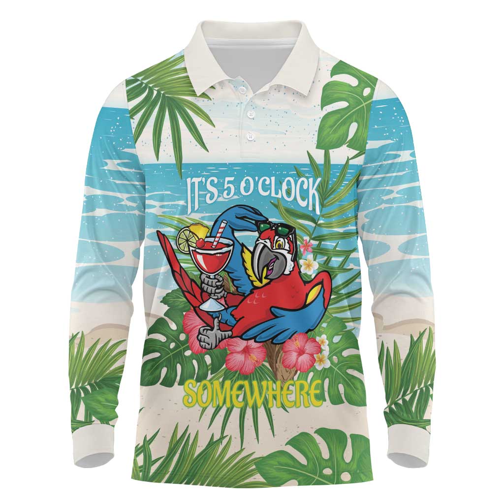 Guyana Christmas Long Sleeve Polo Shirt Chilling Macaw It's 5 o'clock Somewhere - Wonder Print Shop
