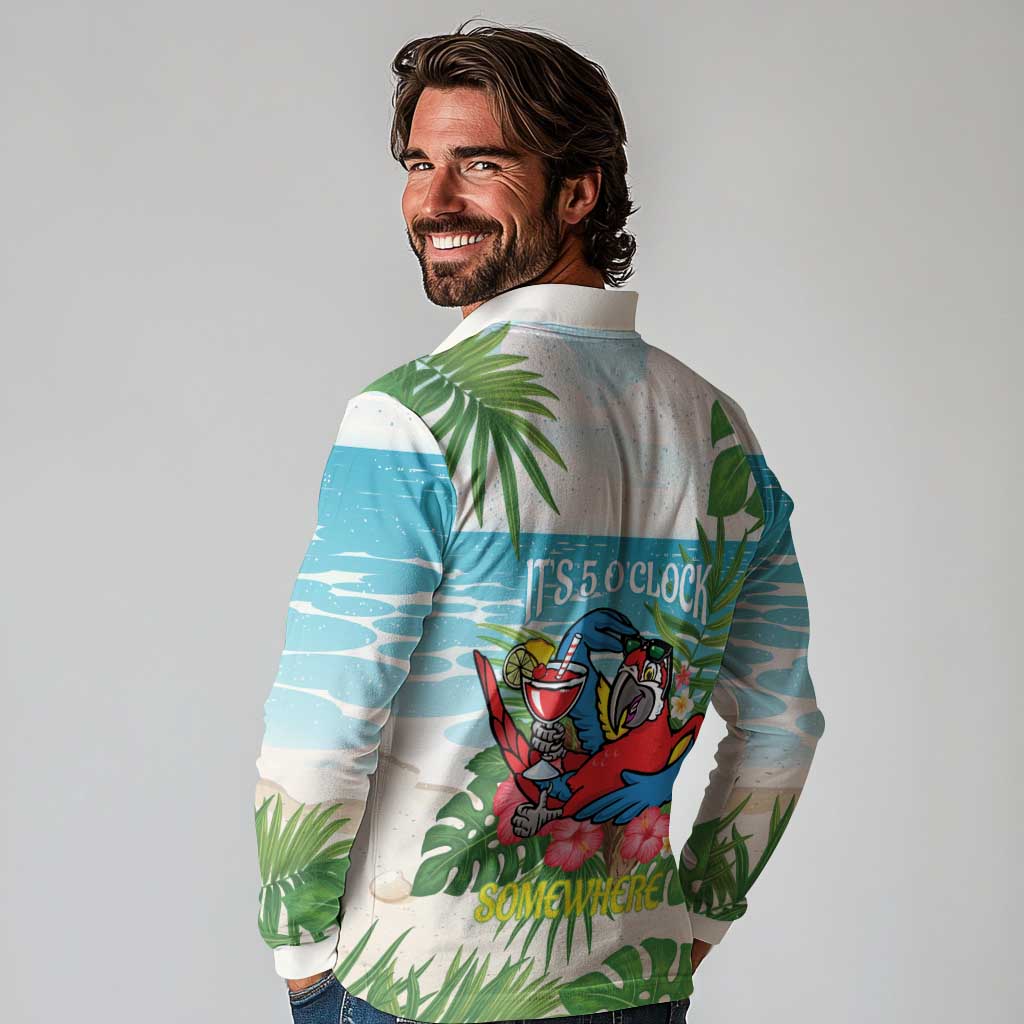 Guyana Christmas Long Sleeve Polo Shirt Chilling Macaw It's 5 o'clock Somewhere - Wonder Print Shop
