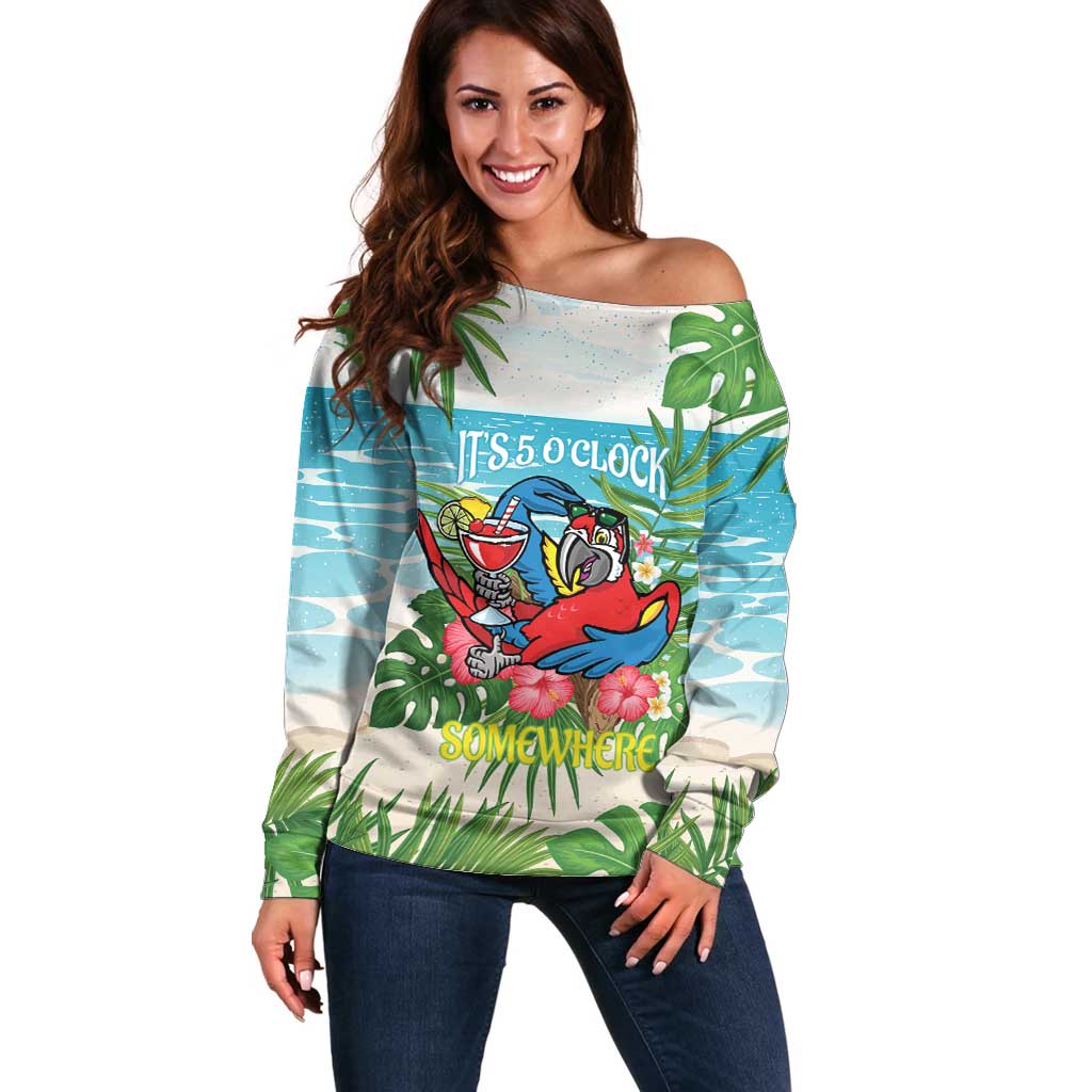 Guyana Christmas Off Shoulder Sweater Chilling Macaw It's 5 o'clock Somewhere - Wonder Print Shop