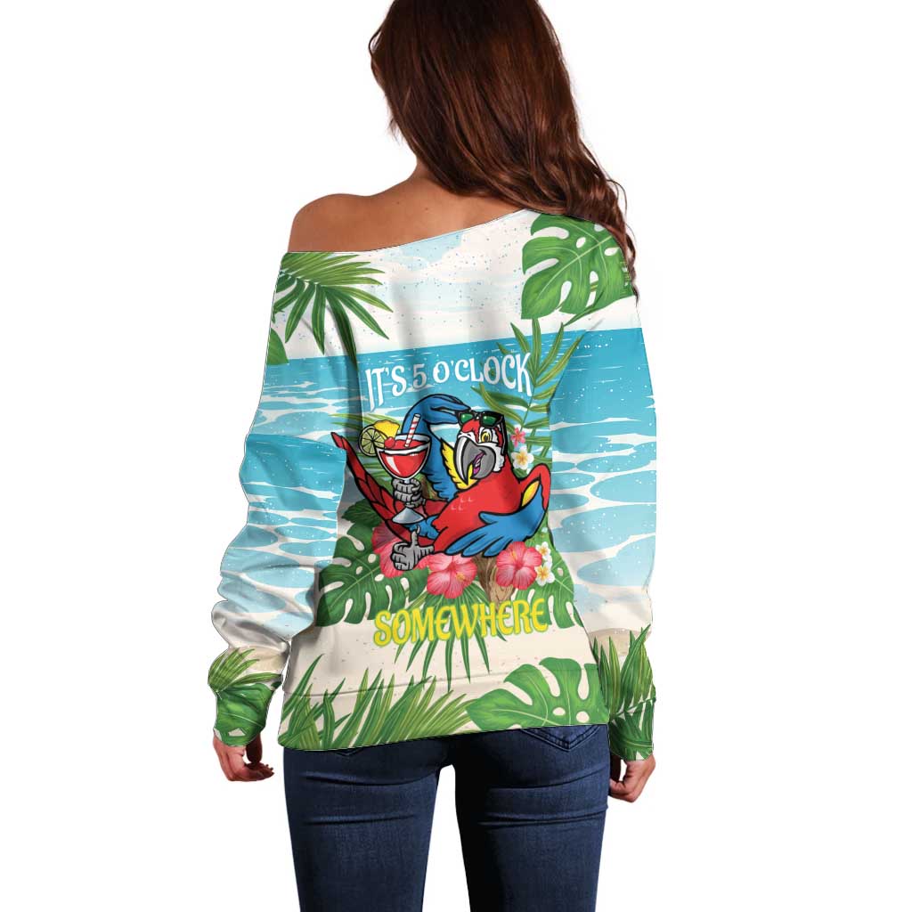 Guyana Christmas Off Shoulder Sweater Chilling Macaw It's 5 o'clock Somewhere - Wonder Print Shop