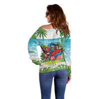 Guyana Christmas Off Shoulder Sweater Chilling Macaw It's 5 o'clock Somewhere - Wonder Print Shop