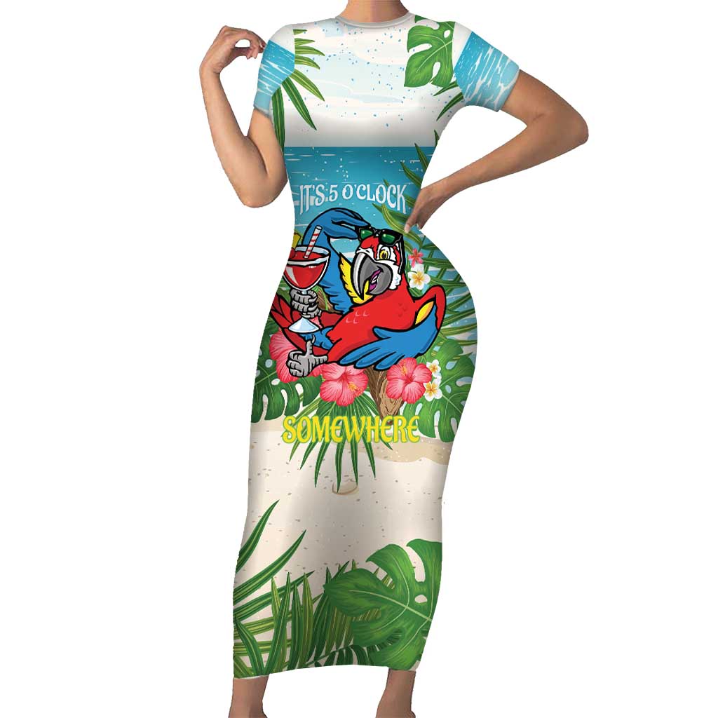 Guyana Christmas Short Sleeve Bodycon Dress Chilling Macaw It's 5 o'clock Somewhere - Wonder Print Shop