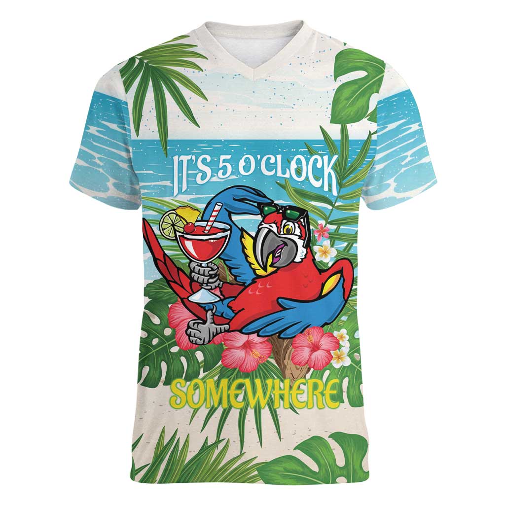 Guyana Christmas Women V-Neck T-Shirt Chilling Macaw It's 5 o'clock Somewhere - Wonder Print Shop