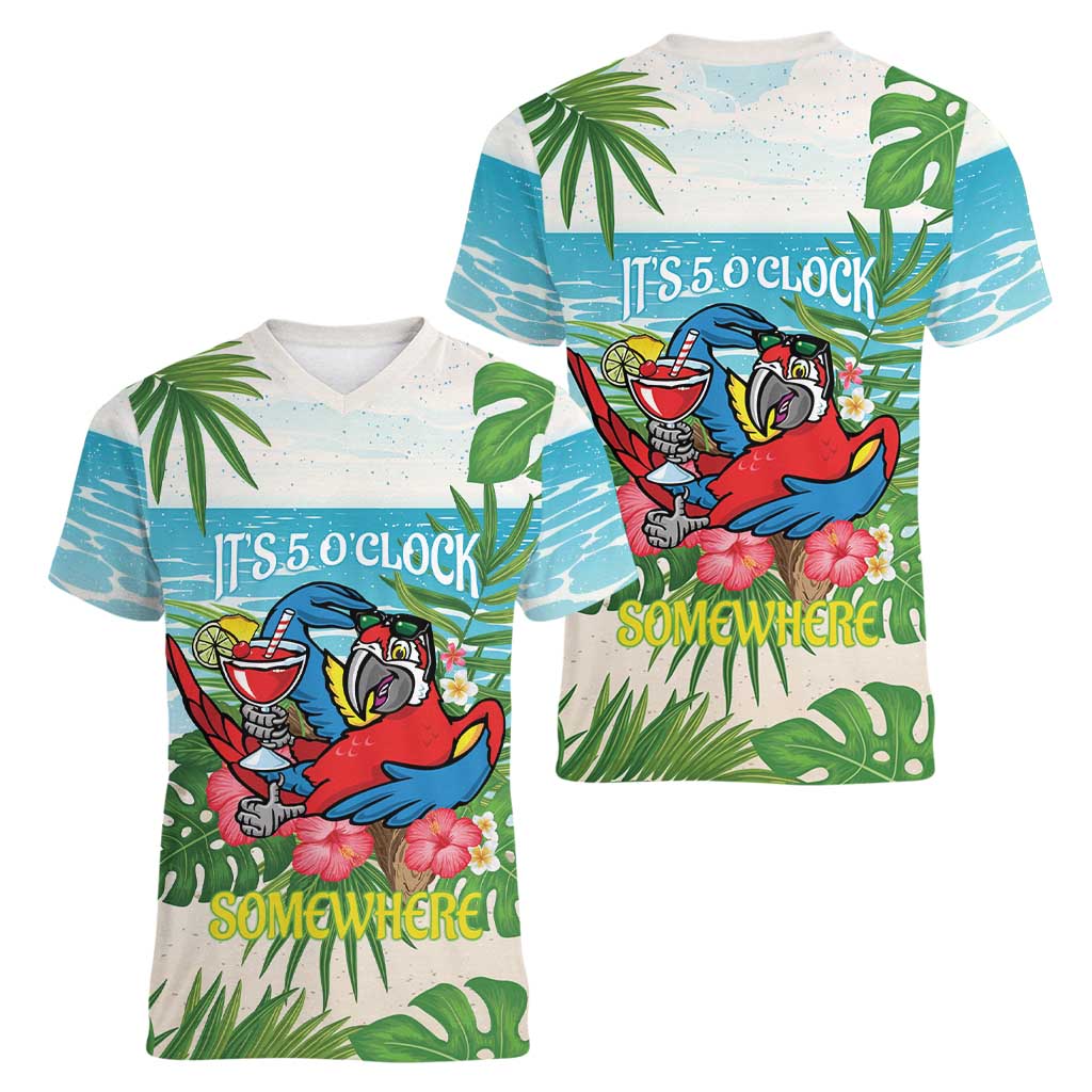 Guyana Christmas Women V-Neck T-Shirt Chilling Macaw It's 5 o'clock Somewhere - Wonder Print Shop