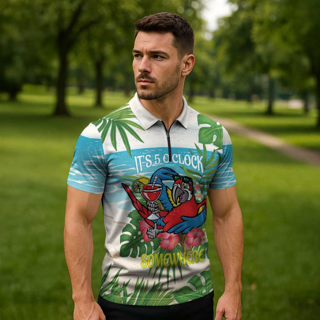 Guyana Christmas Zipper Polo Shirt Chilling Macaw It's 5 o'clock Somewhere - Wonder Print Shop