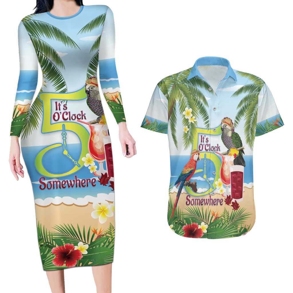 Guyana Christmas Couples Matching Long Sleeve Bodycon Dress and Hawaiian Shirt Macaw Red-fan Parrot Tropical Vibes - Wonder Print Shop