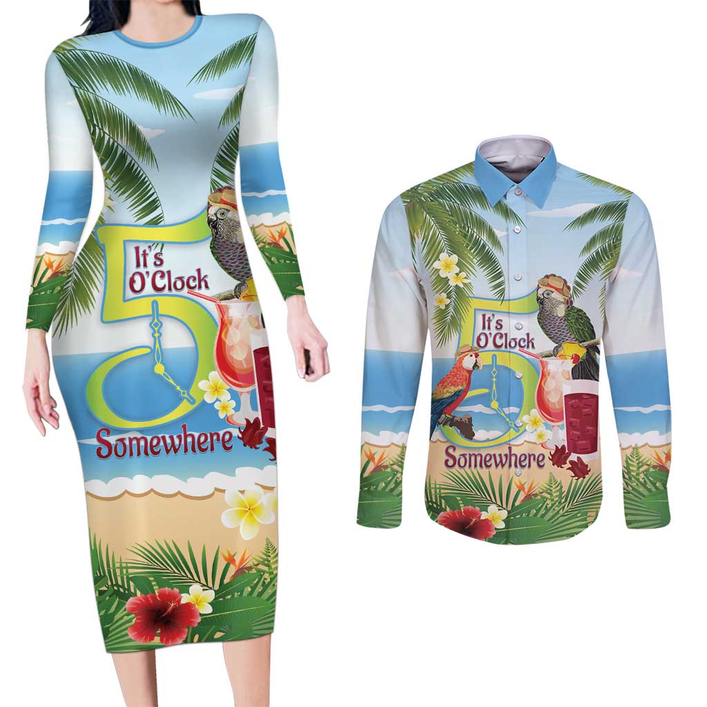 Guyana Christmas Couples Matching Long Sleeve Bodycon Dress and Long Sleeve Button Shirt Macaw Red-fan Parrot Tropical Vibes - Wonder Print Shop