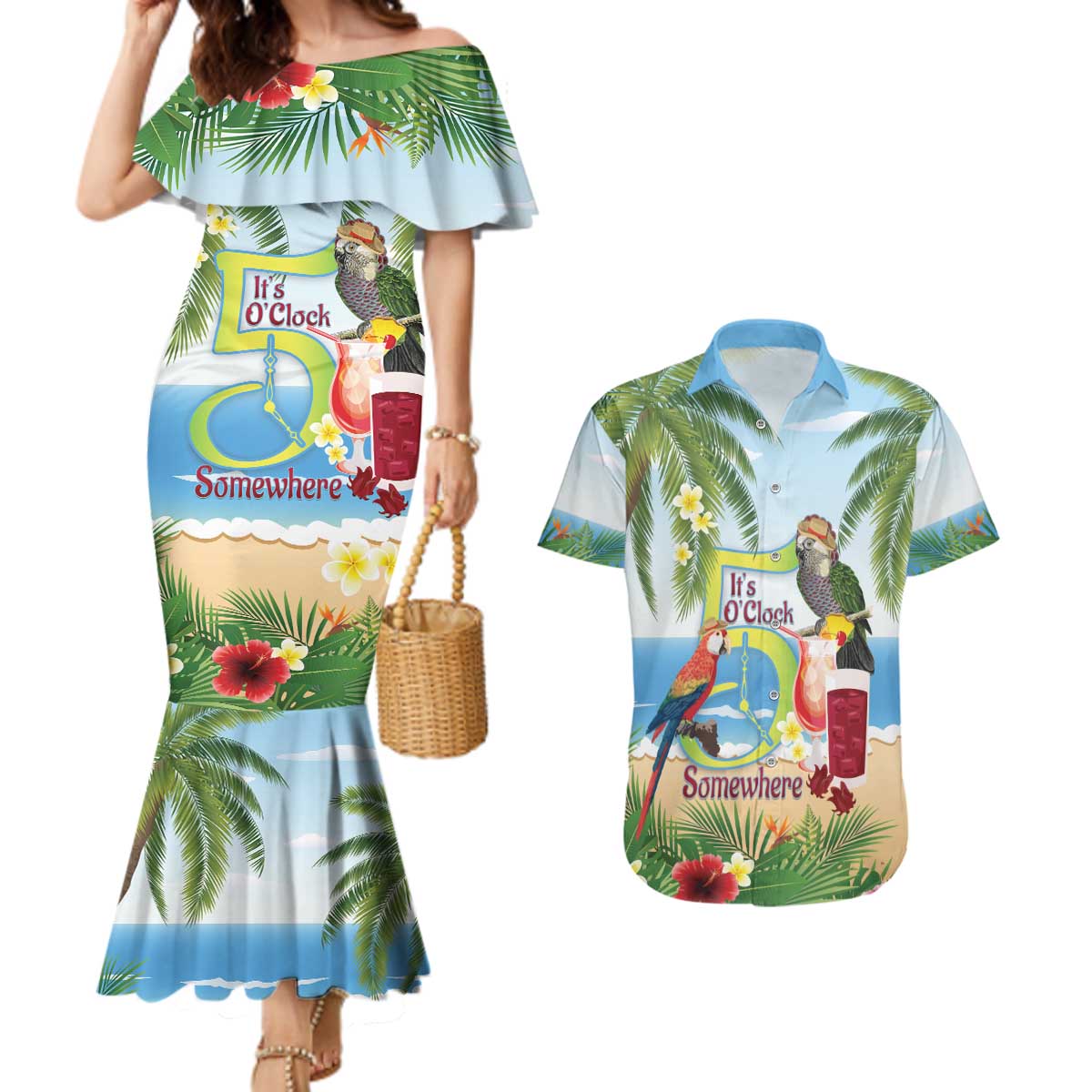 Guyana Christmas Couples Matching Mermaid Dress and Hawaiian Shirt Macaw Red-fan Parrot Tropical Vibes - Wonder Print Shop