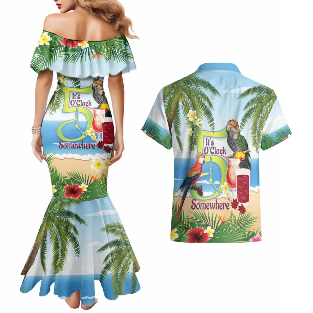 Guyana Christmas Couples Matching Mermaid Dress and Hawaiian Shirt Macaw Red-fan Parrot Tropical Vibes - Wonder Print Shop