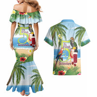 Guyana Christmas Couples Matching Mermaid Dress and Hawaiian Shirt Macaw Red-fan Parrot Tropical Vibes - Wonder Print Shop