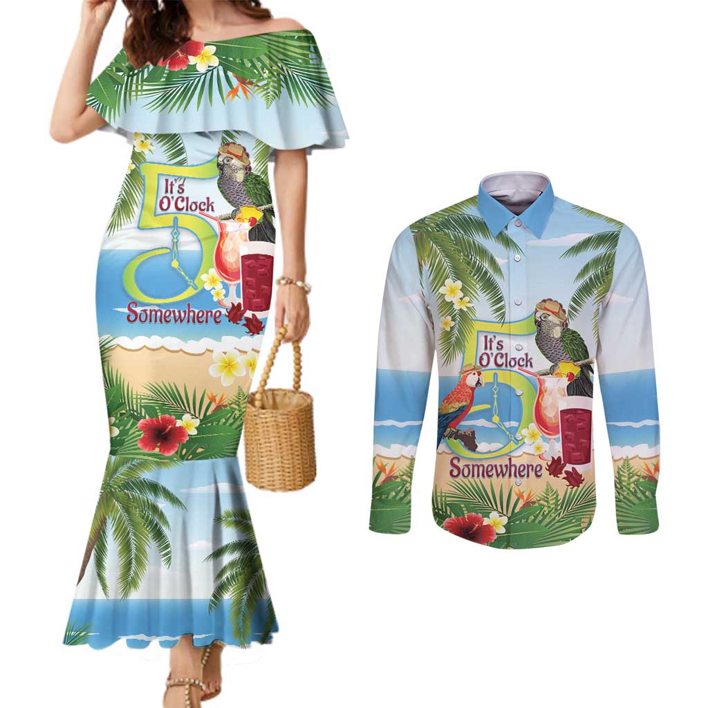 Guyana Christmas Couples Matching Mermaid Dress and Long Sleeve Button Shirt Macaw Red-fan Parrot Tropical Vibes - Wonder Print Shop