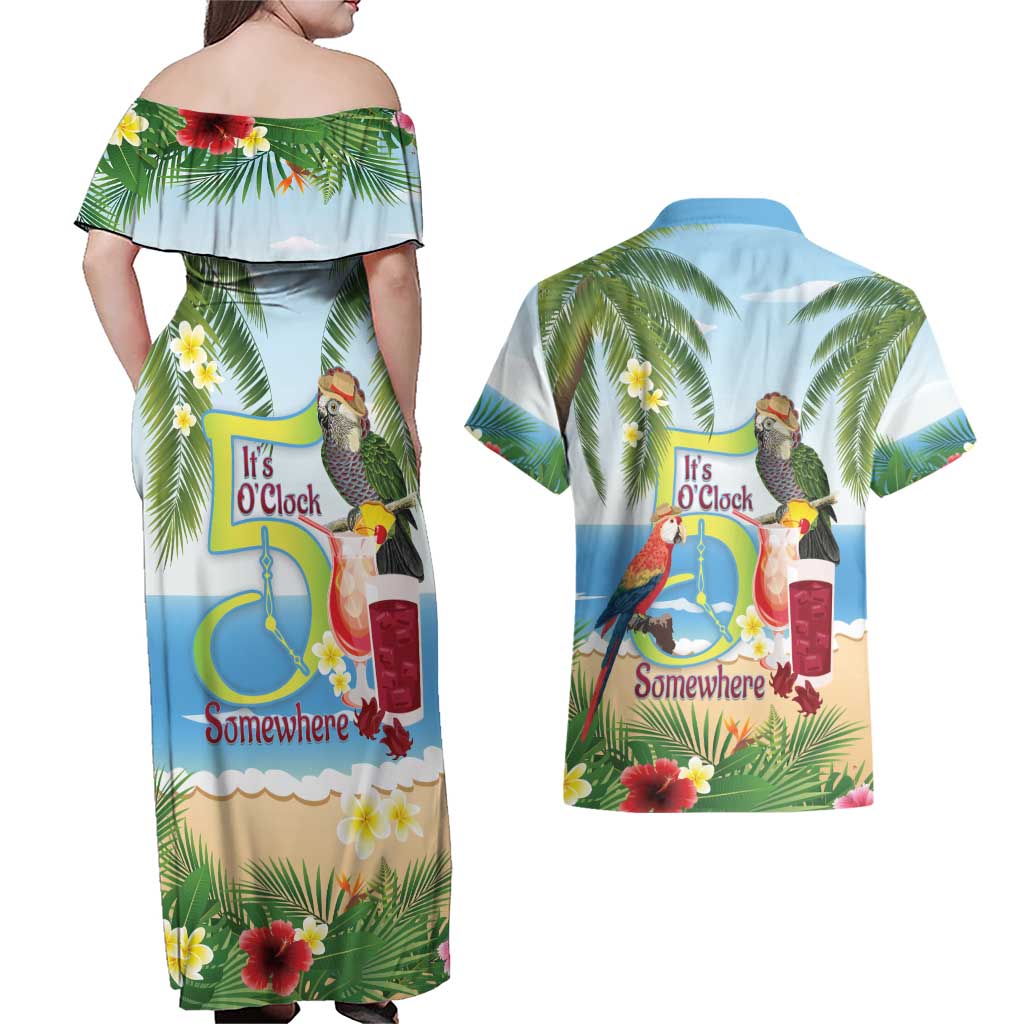 Guyana Christmas Couples Matching Off Shoulder Maxi Dress and Hawaiian Shirt Macaw Red-fan Parrot Tropical Vibes - Wonder Print Shop